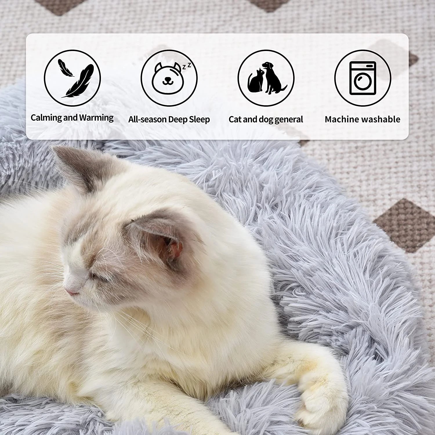 Soft cozy cat bed with plush fabric for all-season deep sleep and machine washable convenience
