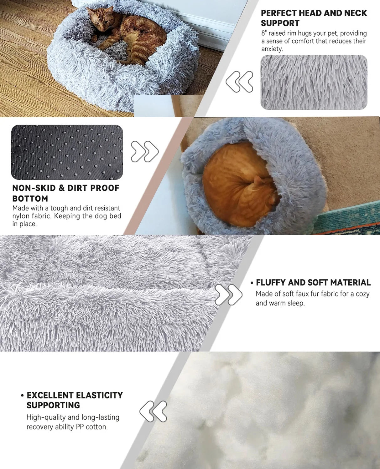 Soft cozy cat bed with non-skid bottom and fluffy material for comfortable, warm sleep