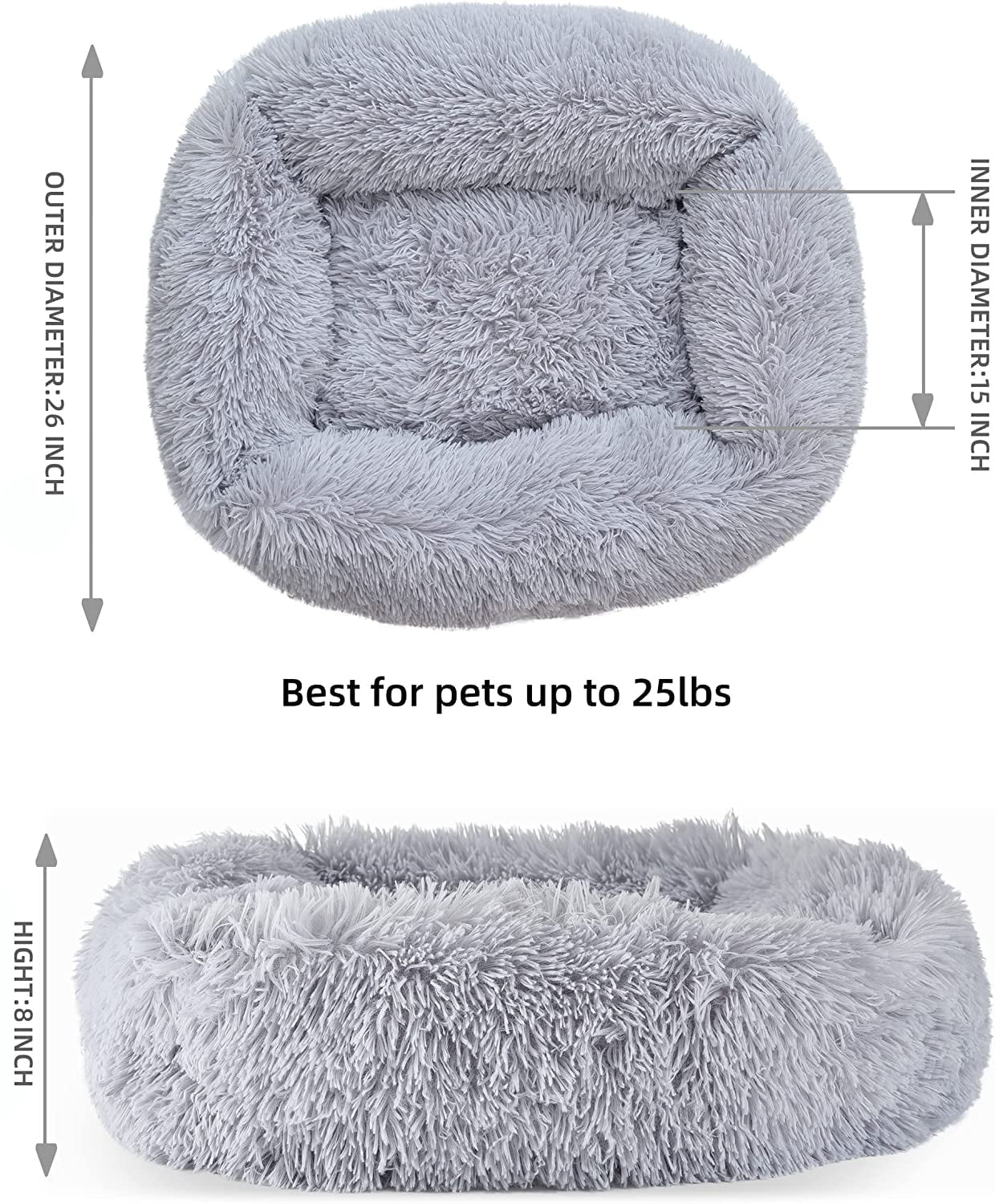 Soft cozy cat bed in gray with a plush design, suitable for pets up to 25 lbs