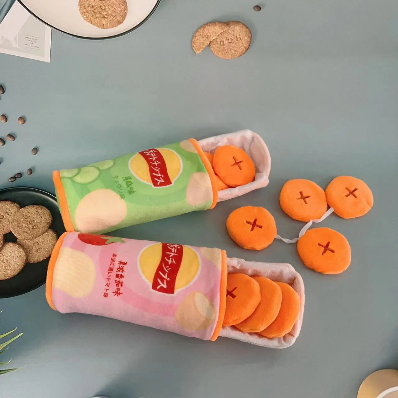 Soft food-themed dog toy for pets featuring colorful plush cookies in a snack container