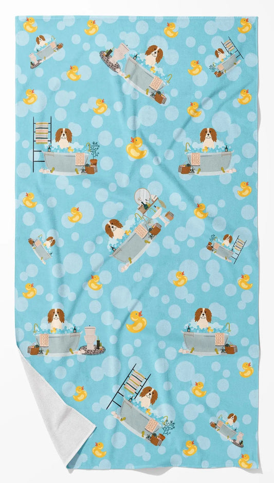Soft pet towel for small dogs with blue background featuring cute dog in bathtub and rubber duck designs