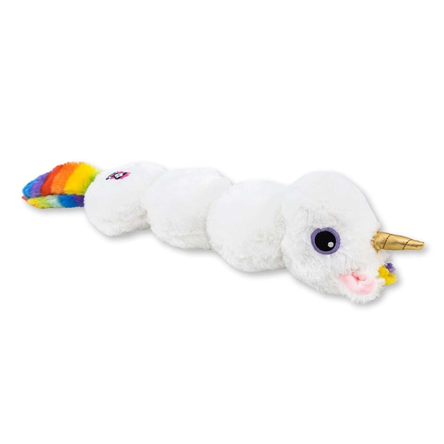 Soft unicorn dog chew toy from Purrfect Pet Kingdom with colorful rainbow tail for playful pups