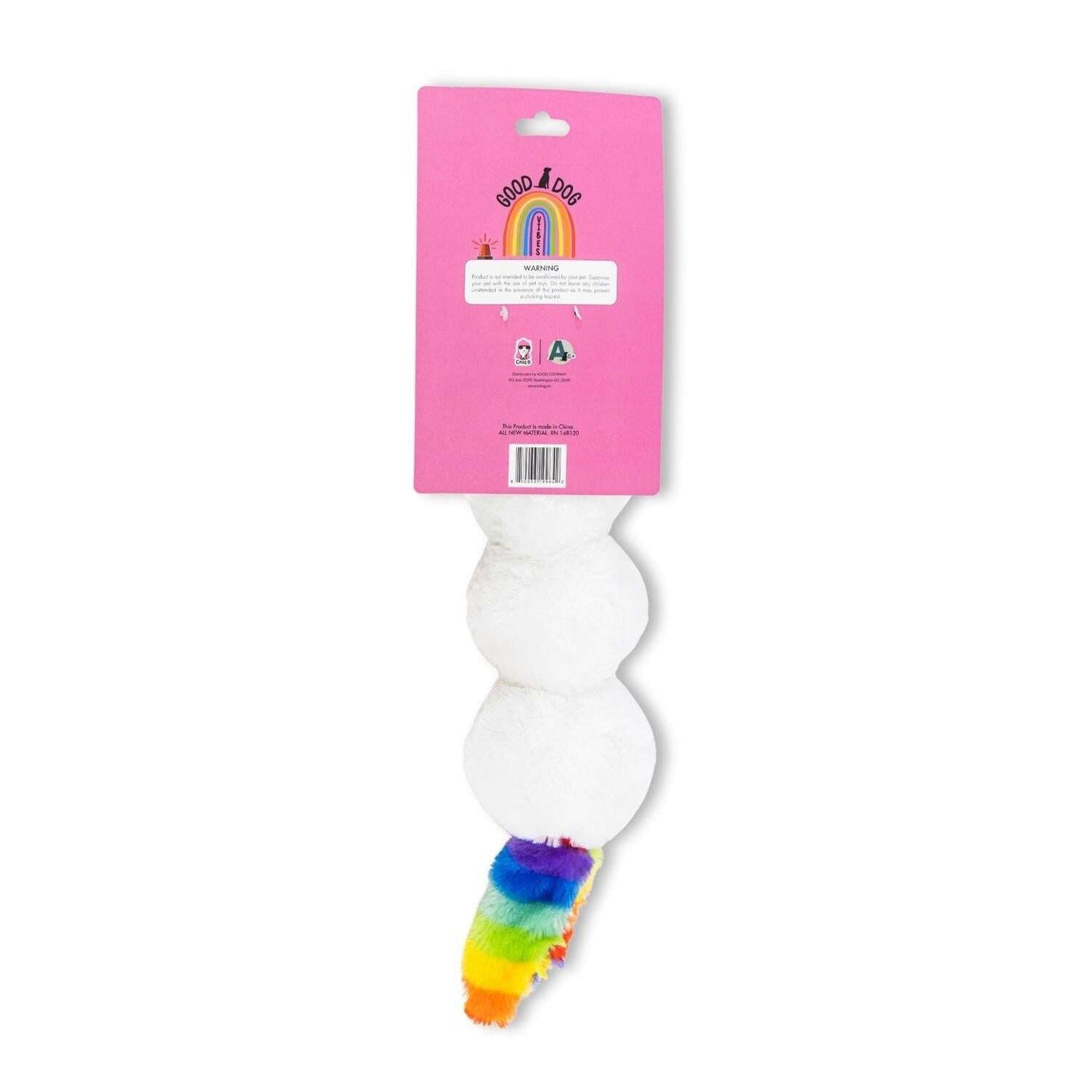 Soft unicorn dog chew toy with colorful rainbow tail for playful pets from Purrfect Pet Kingdom