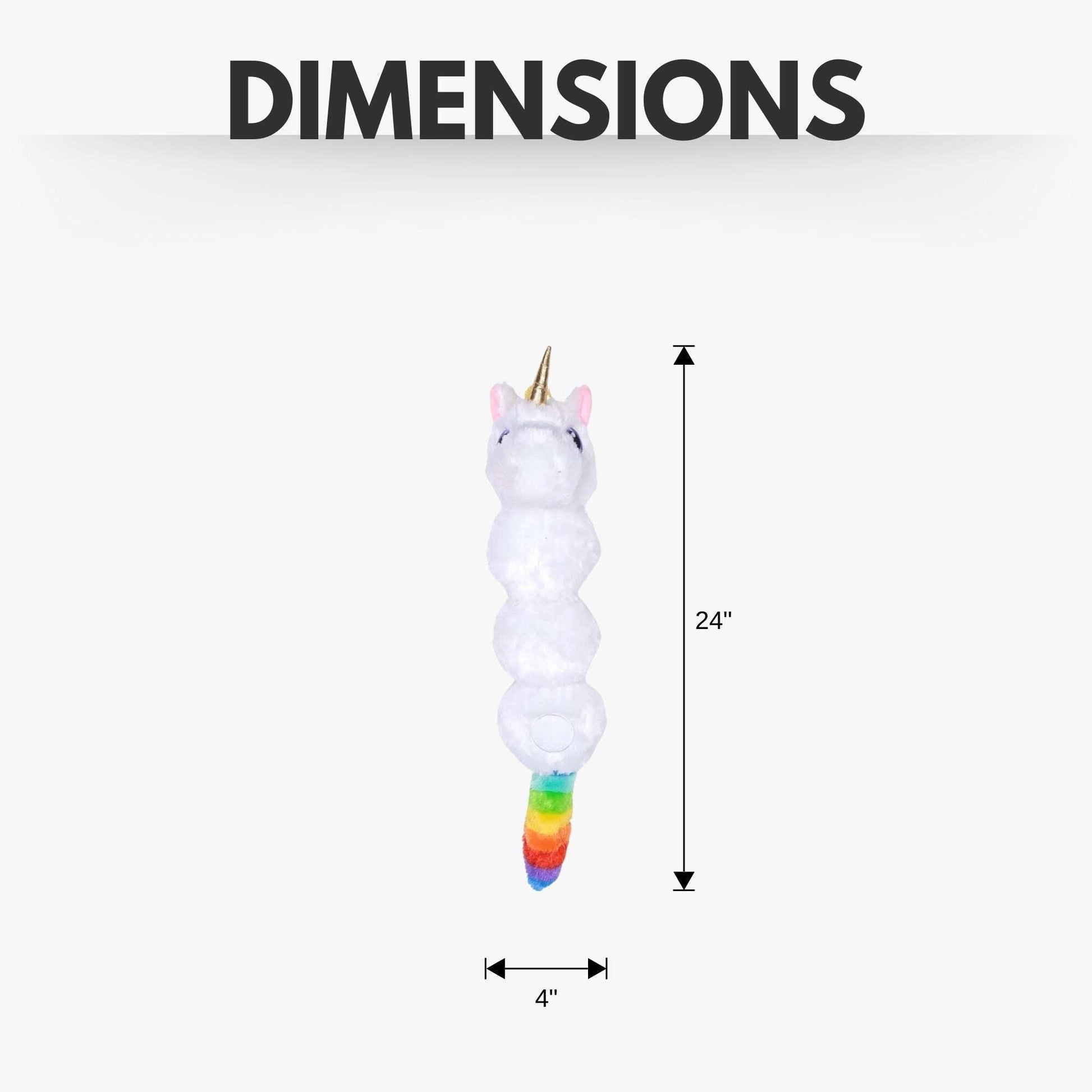 Soft unicorn dog chew toy with rainbow tail, 24 inches long and 4 inches wide for playful dogs