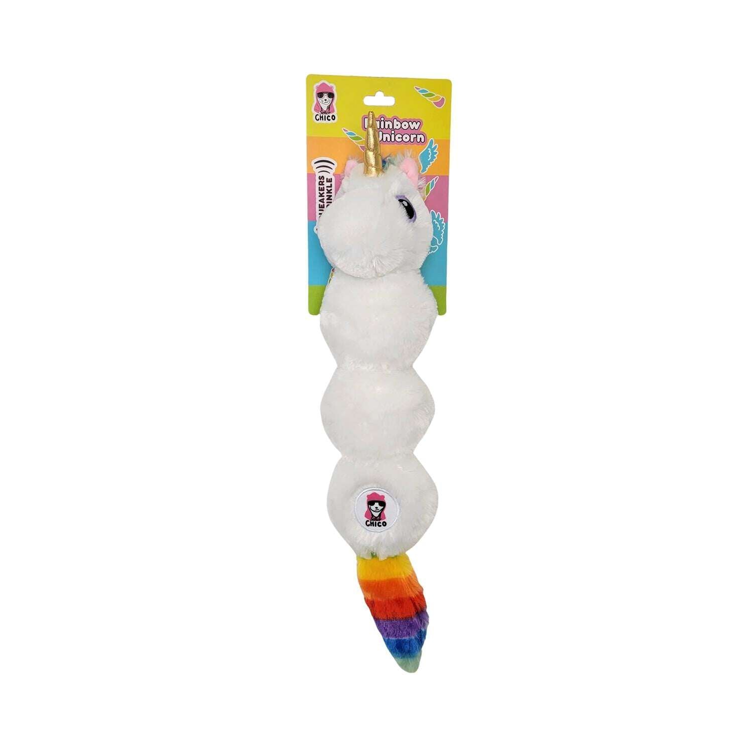 Soft unicorn dog chew toy in white with colorful tail, perfect for playful pups
