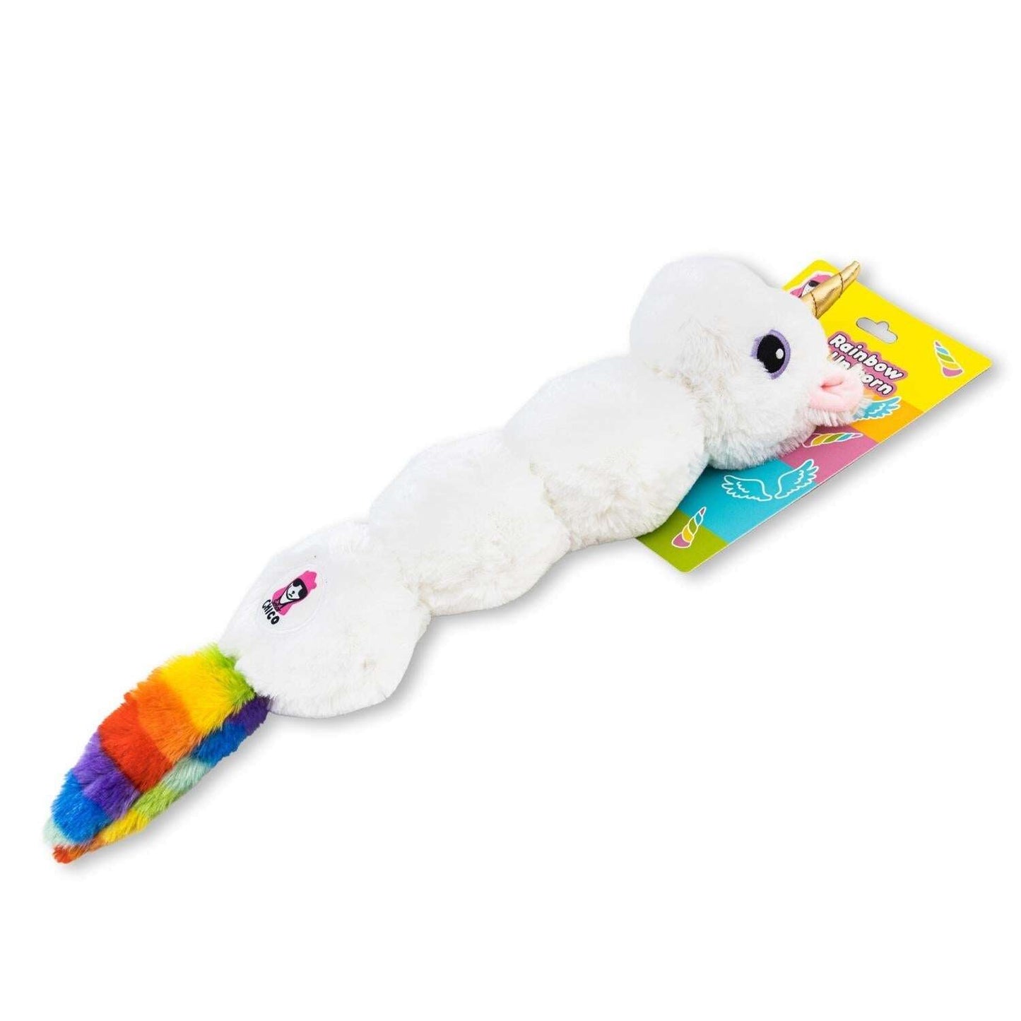 Soft unicorn dog chew toy with colorful tail, perfect for gentle play and chewing fun