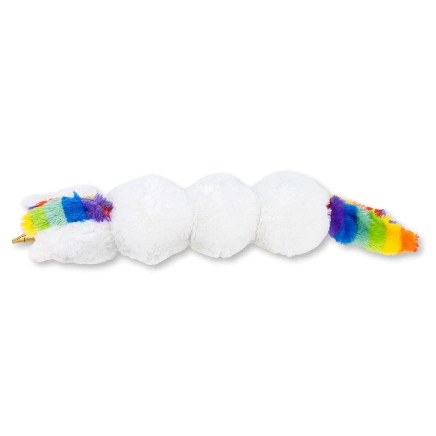 Soft unicorn dog chew toy with colorful rainbow tail, perfect for playful pups