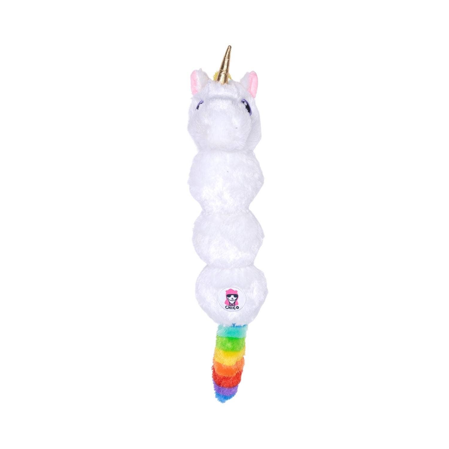 Soft unicorn dog chew toy with colorful rainbow tail for playful pups