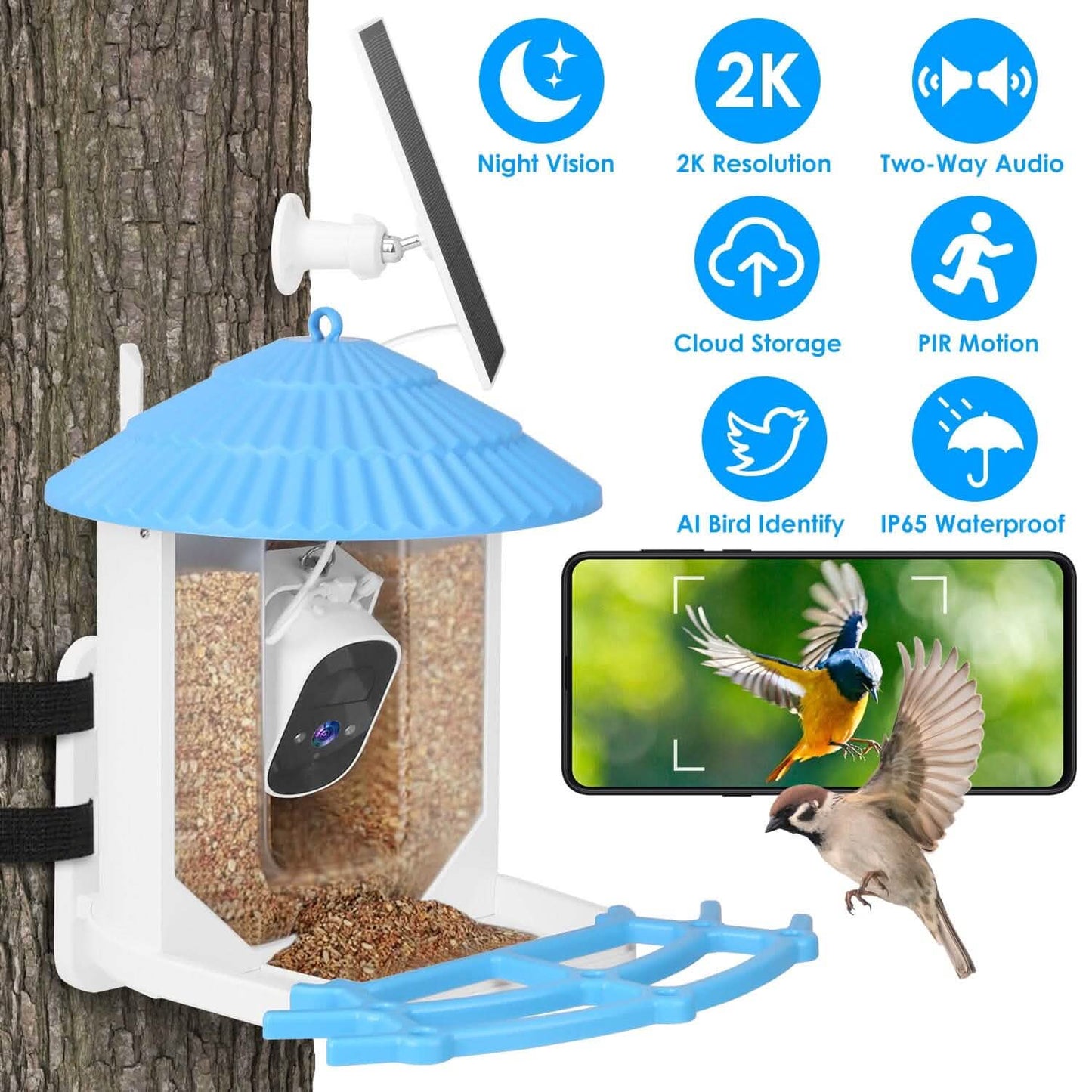 Solar Powered Smart Bird Feeder with PIR Motion AI Two-Way Audio