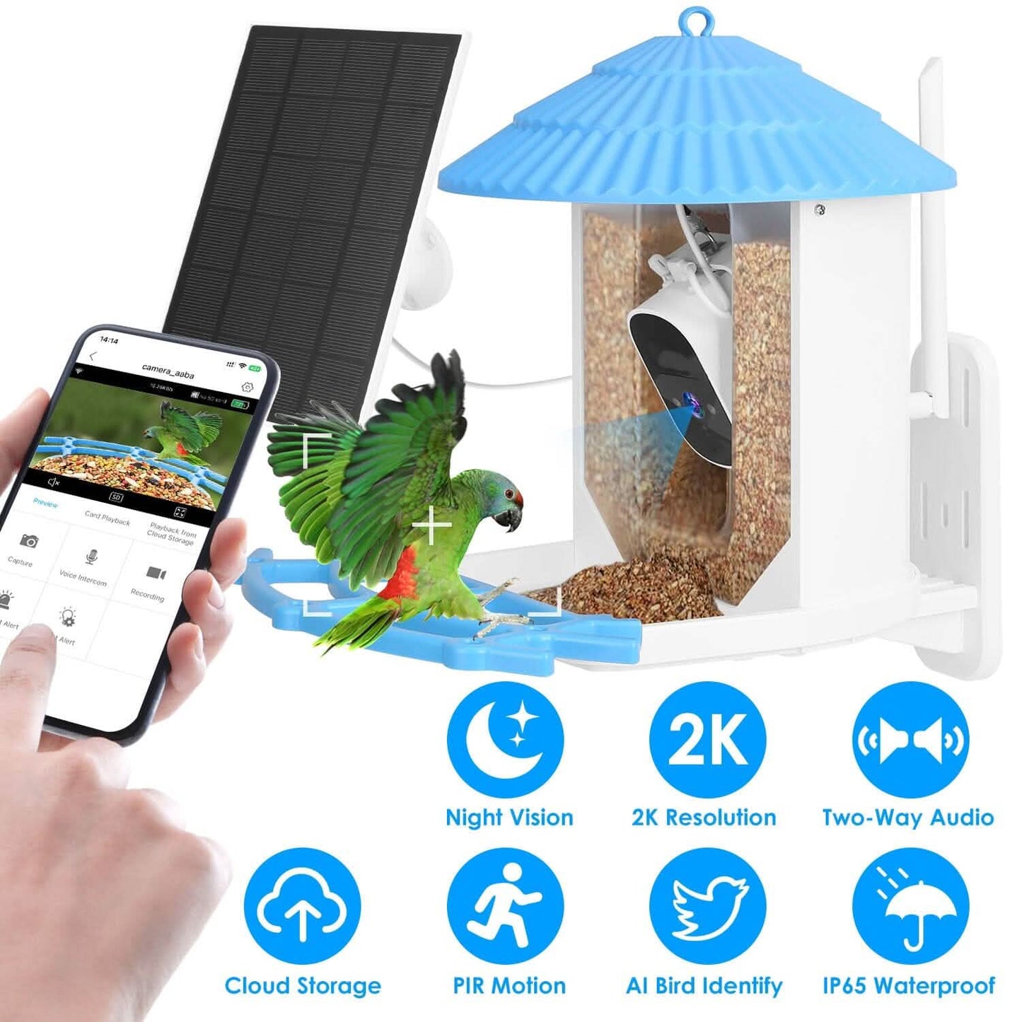 Solar Powered Smart Bird Feeder with PIR Motion AI Two-Way Audio