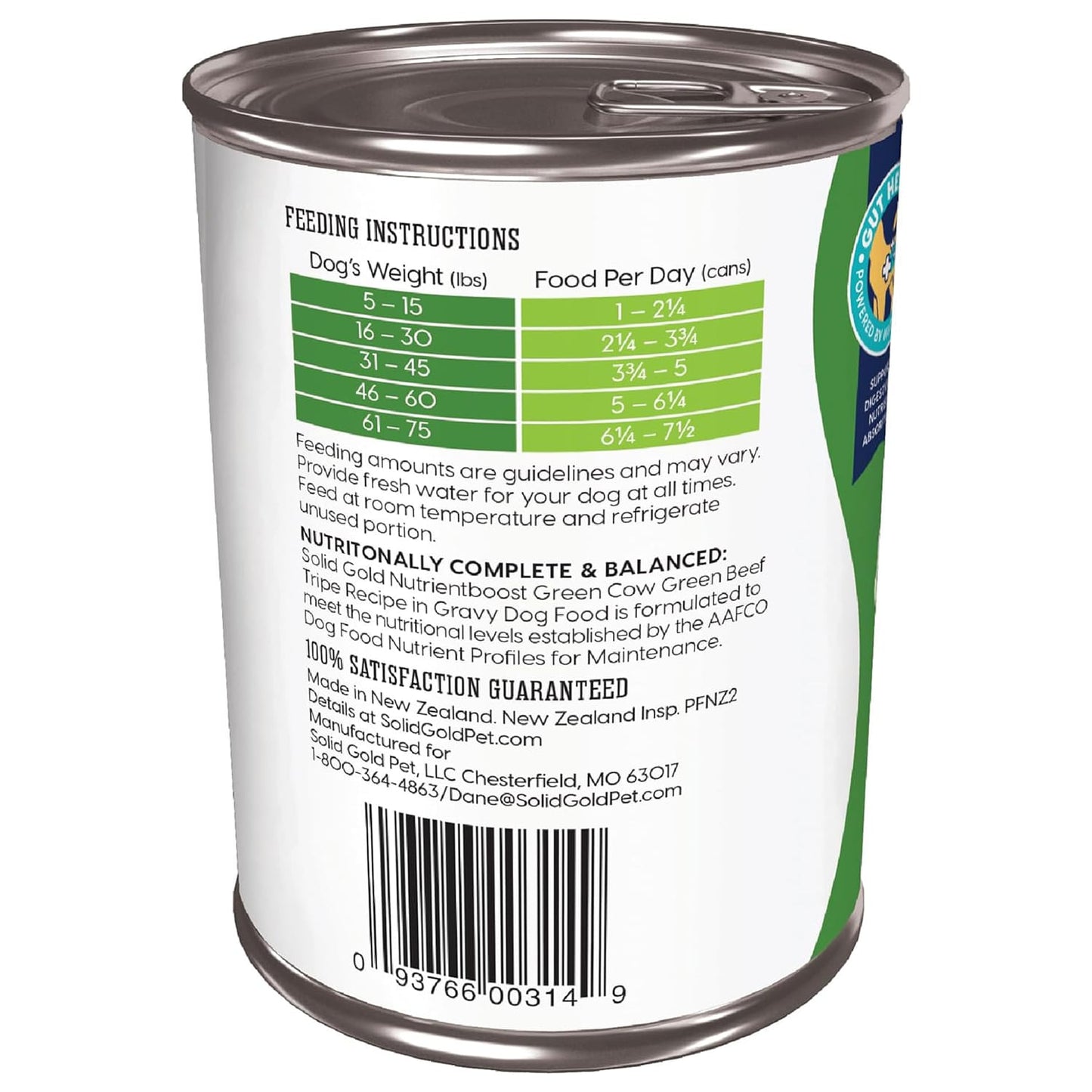 Feeding instructions for Solid Gold Dog Food in a can, featuring grain free green beef tripe dog food