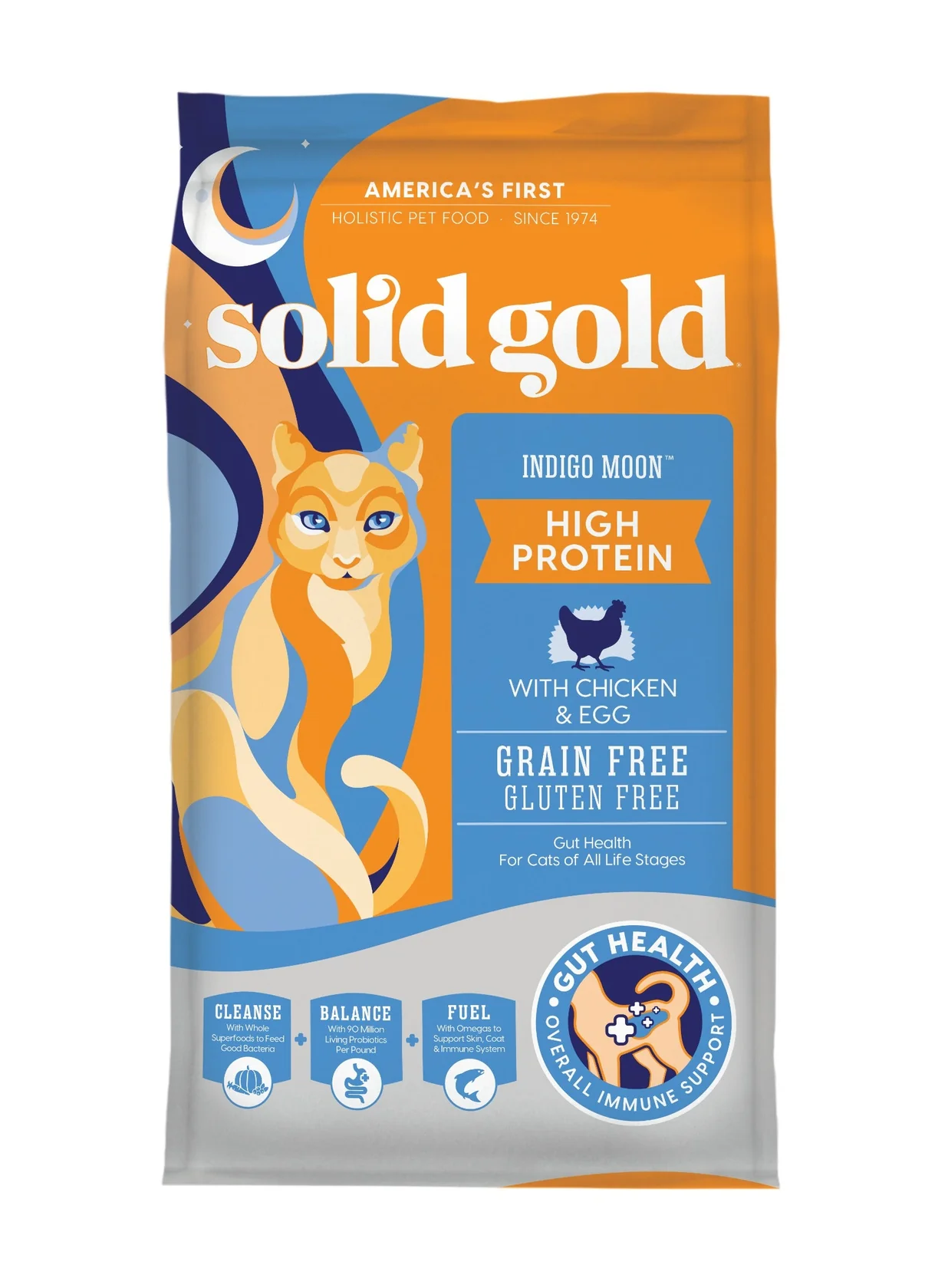 Solid Gold Indigo Moon cat food with high protein, chicken, and egg for all life stages
