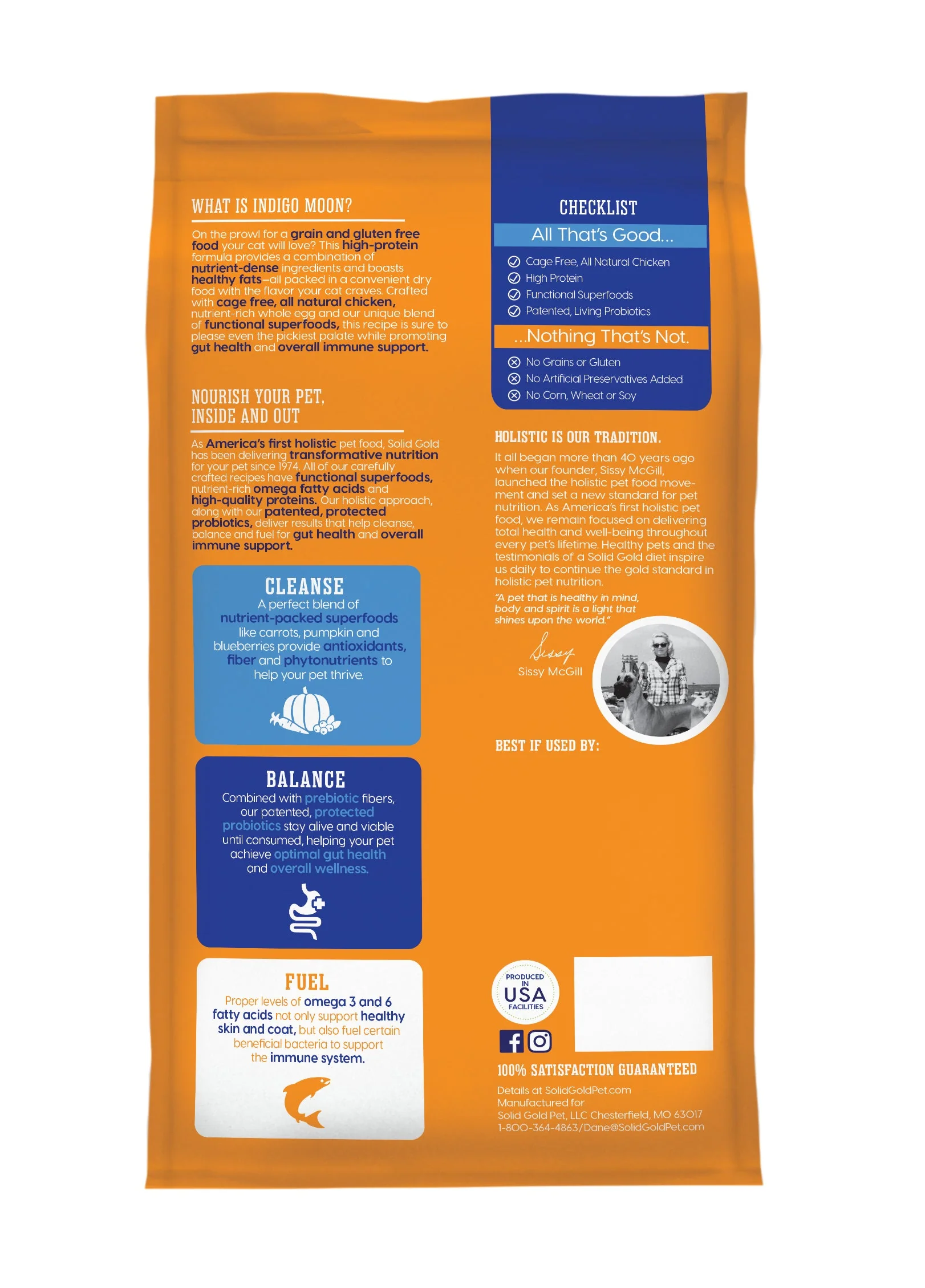 Solid Gold Indigo Moon cat food bag featuring nutritious ingredients for optimal feline health