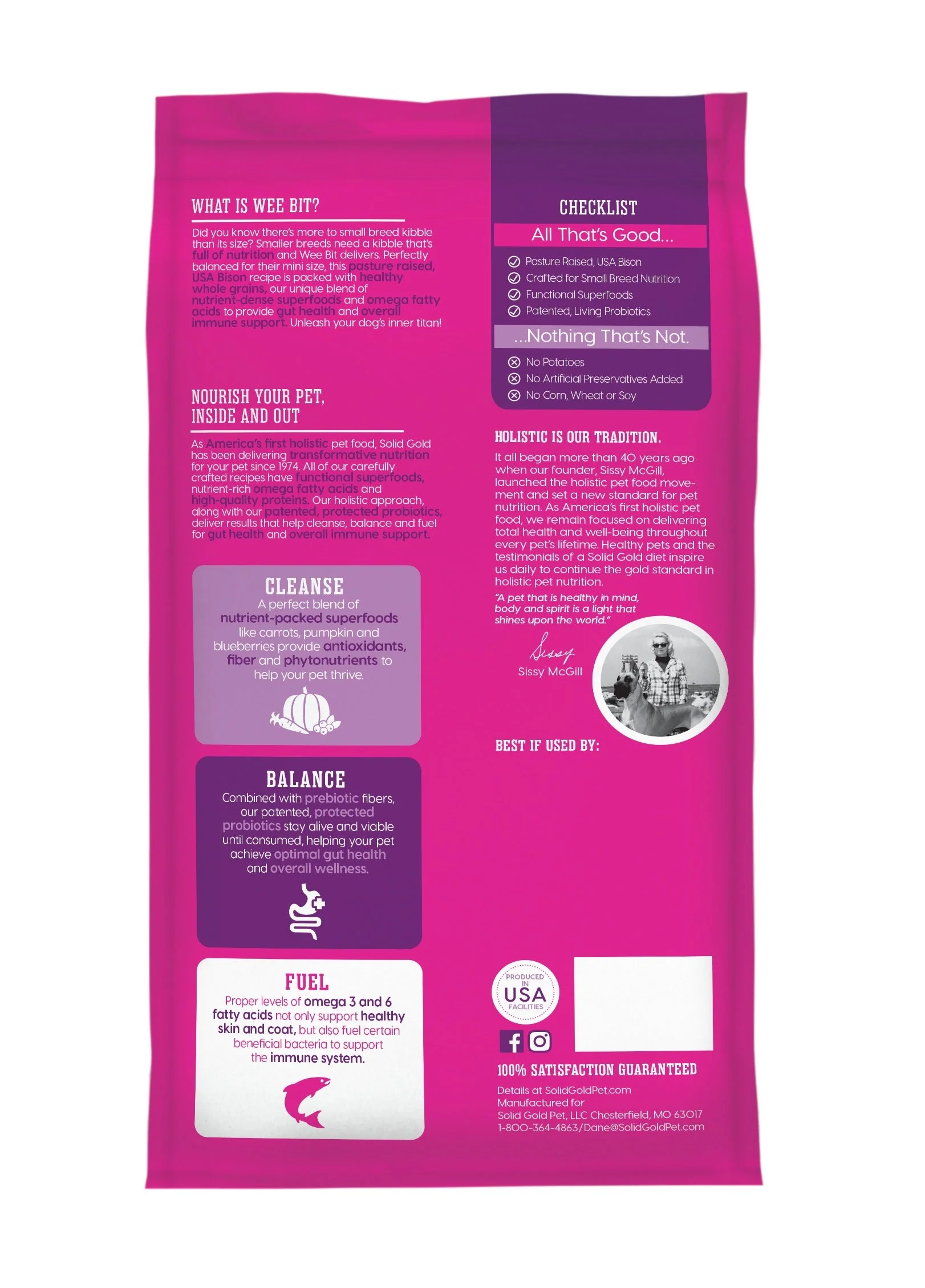 The Family Pet Solid Gold Small Breed Bison Dog Food bag with nutritional benefits and feeding guidelines