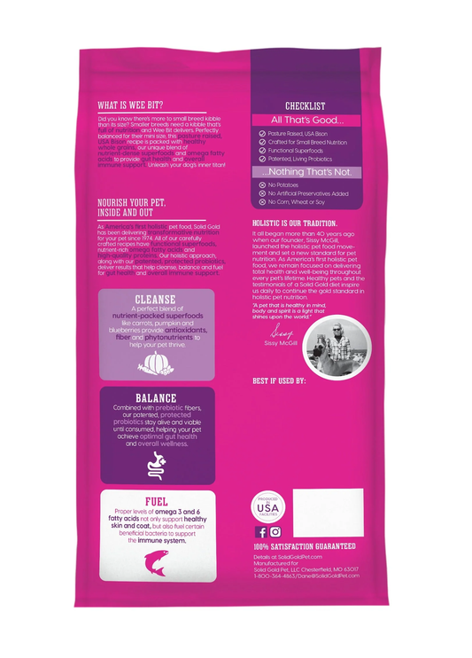 The Family Pet Solid Gold Small Breed Bison Dog Food bag with nutritional benefits and feeding guidelines