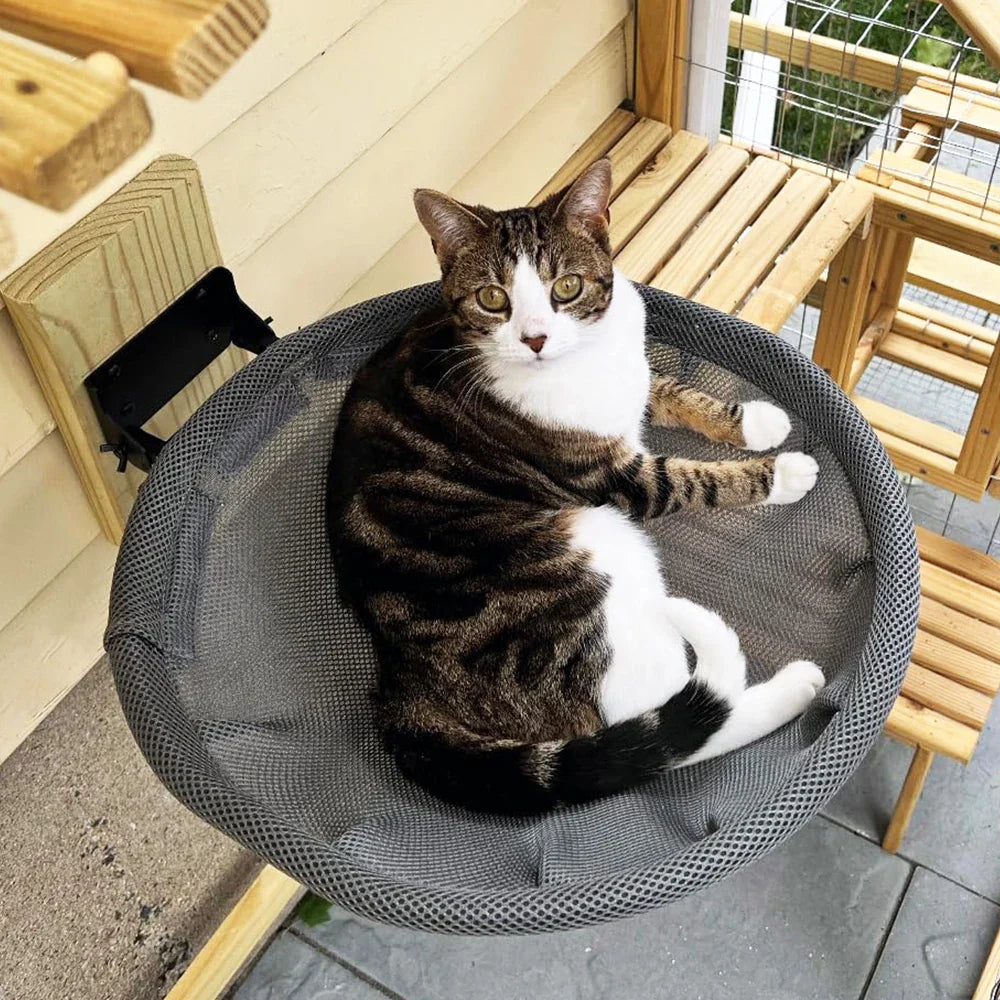 Space-saving cat furniture perch with a comfortable mesh bed for indoor cats resting