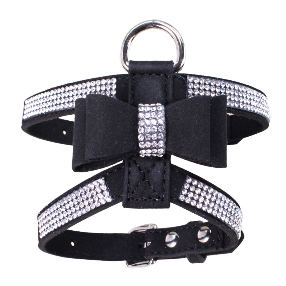 Stylish sparkly bow dog harness for small dogs featuring rhinestone accents and adjustable straps