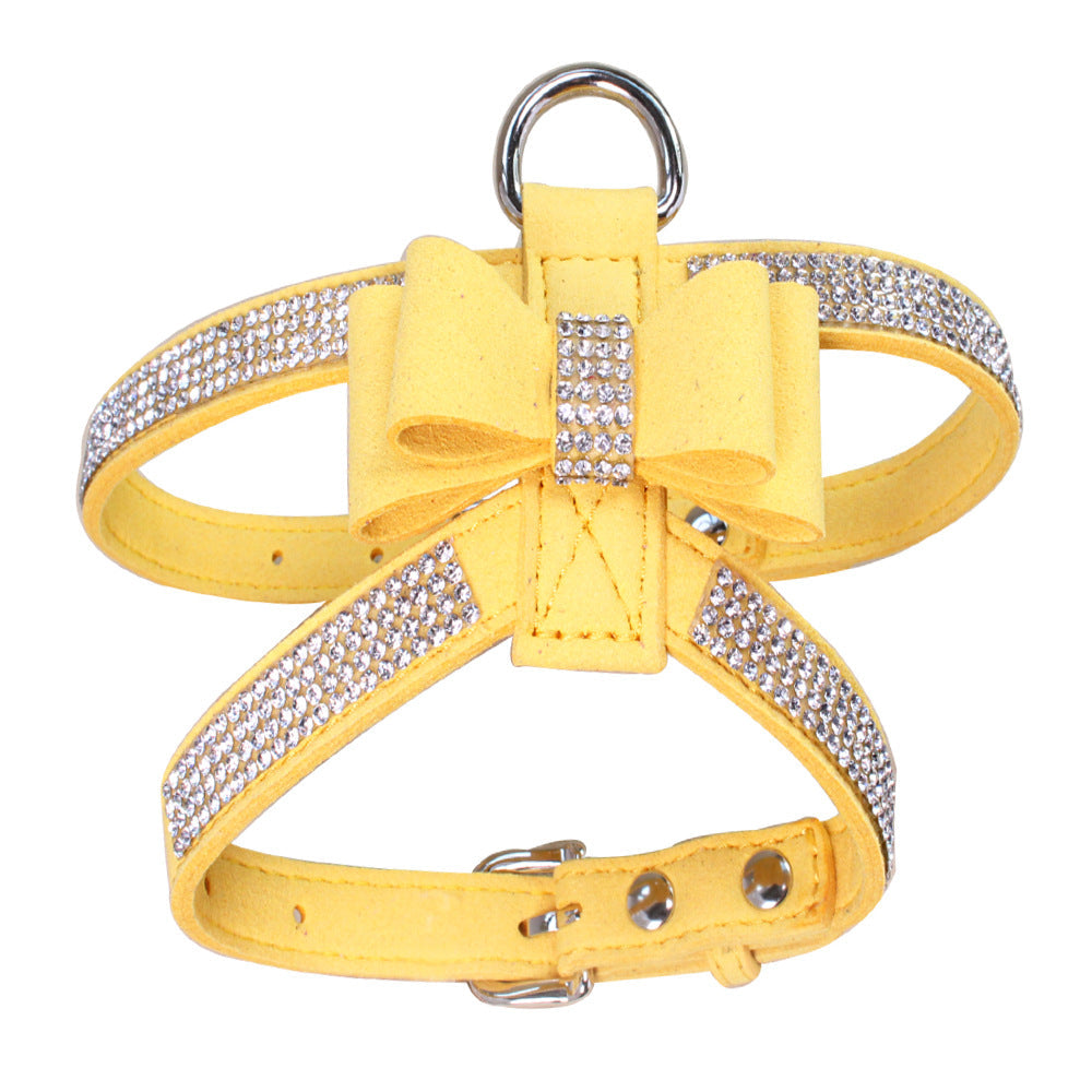 Sparkly bow dog harness for small dogs in yellow with rhinestone accents for stylish pets