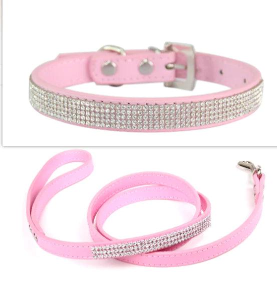 Pink sparkly dog collar and leash set with rhinestone embellishments for stylish pet walks