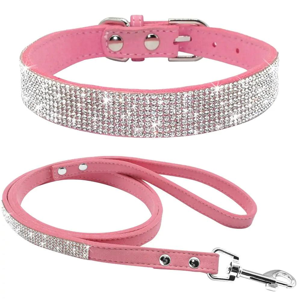 Pink MANDOTOS sparkly dog collar and leash set adorned with rhinestones for stylish pet walks