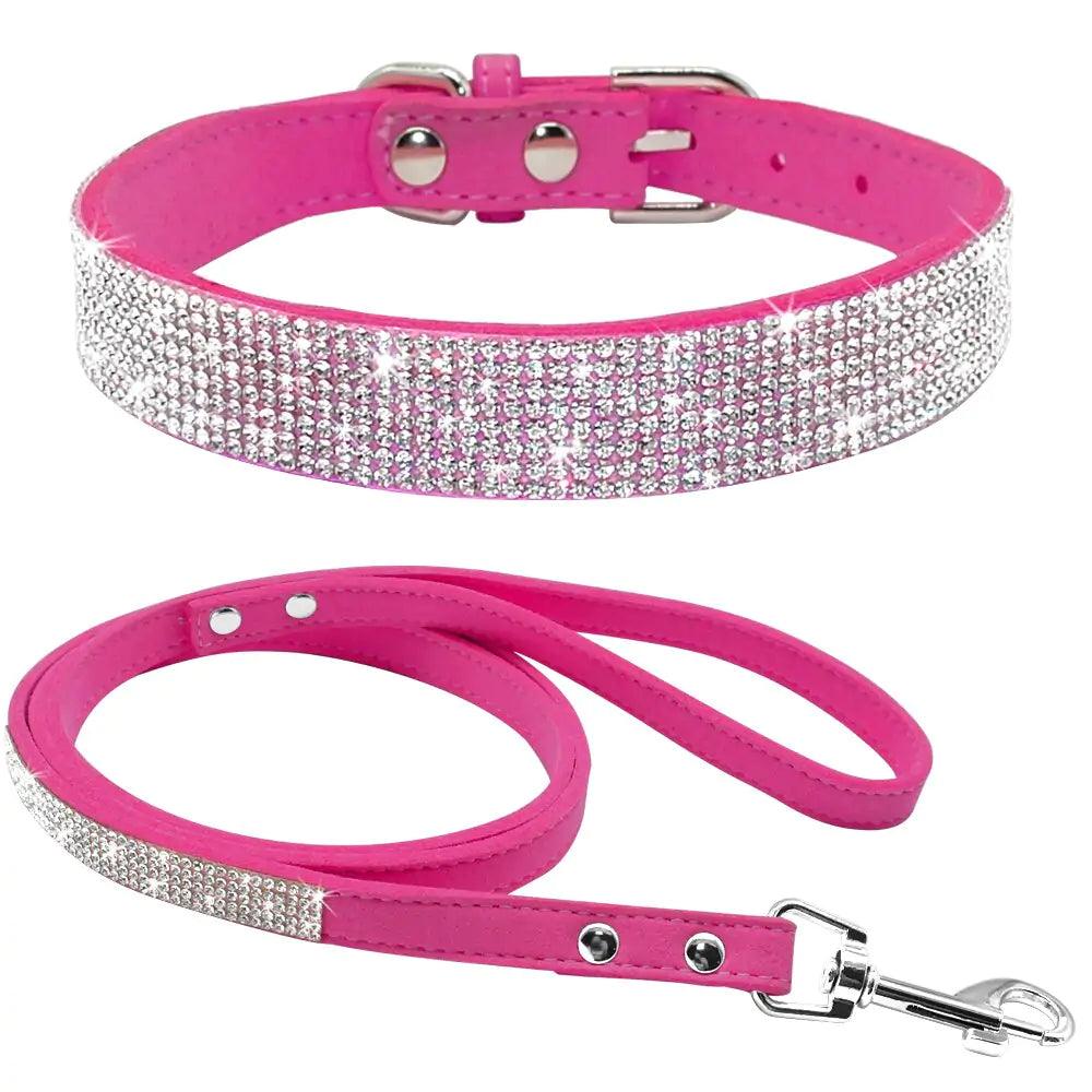 Pink sparkly dog collar and leash set featuring shimmering rhinestones for fashionable pets