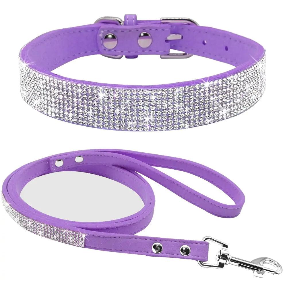 Sparkly dog collar and leash set in purple with rhinestone embellishments for stylish pets