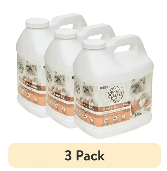 Purrfect Pet Kingdom 3 pack odor control kitty litter in large white containers with cat image