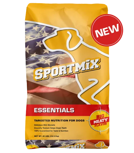 Sportmix Essentials Dry Dog Food 40lb by The Family Pet, featuring a vibrant bag design, ideal for nourishing dogs.
