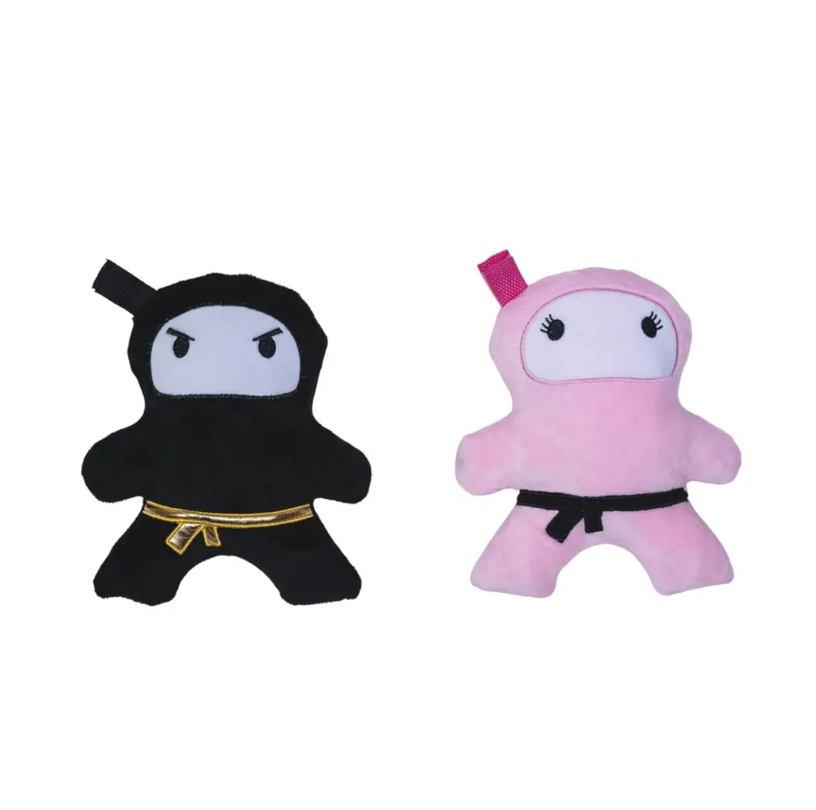 Squeaky ninja plush toy for pets in black and pink designs, perfect for playful dogs and cats.