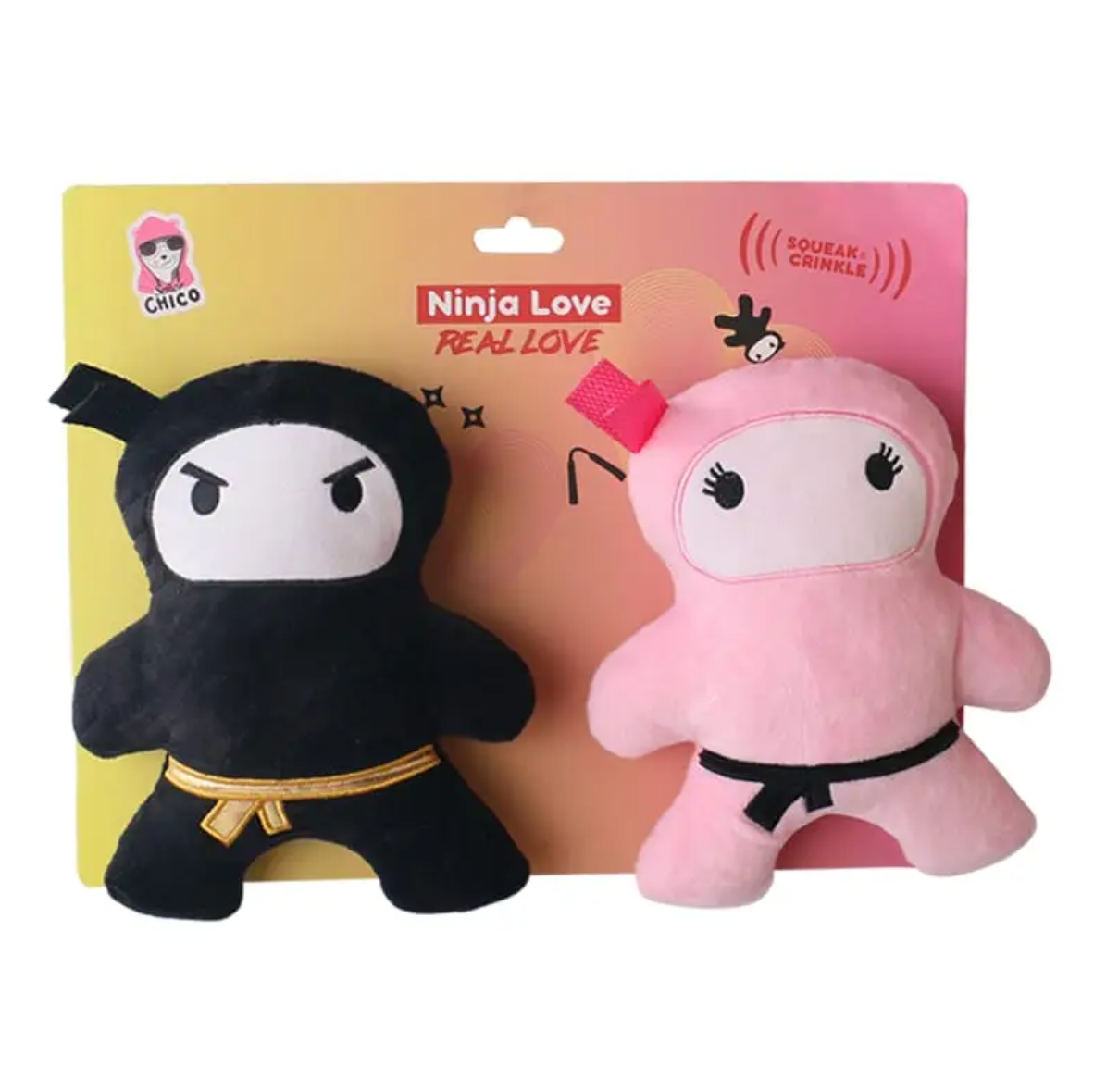 Squeaky ninja plush toy for pets featuring black and pink ninja characters for fun playtime.