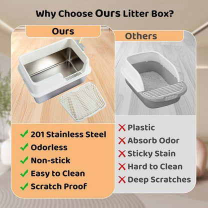 Purrfect Pet Kingdom stainless steel cat litter box with high sides, easy to clean and scratch proof