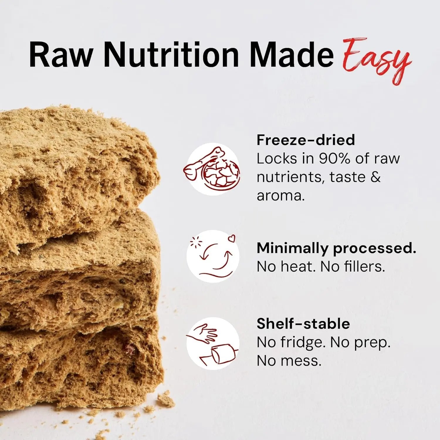 Close-up of K9 Outdoors freeze dried raw dog food beef with nutrients and easy preparation details