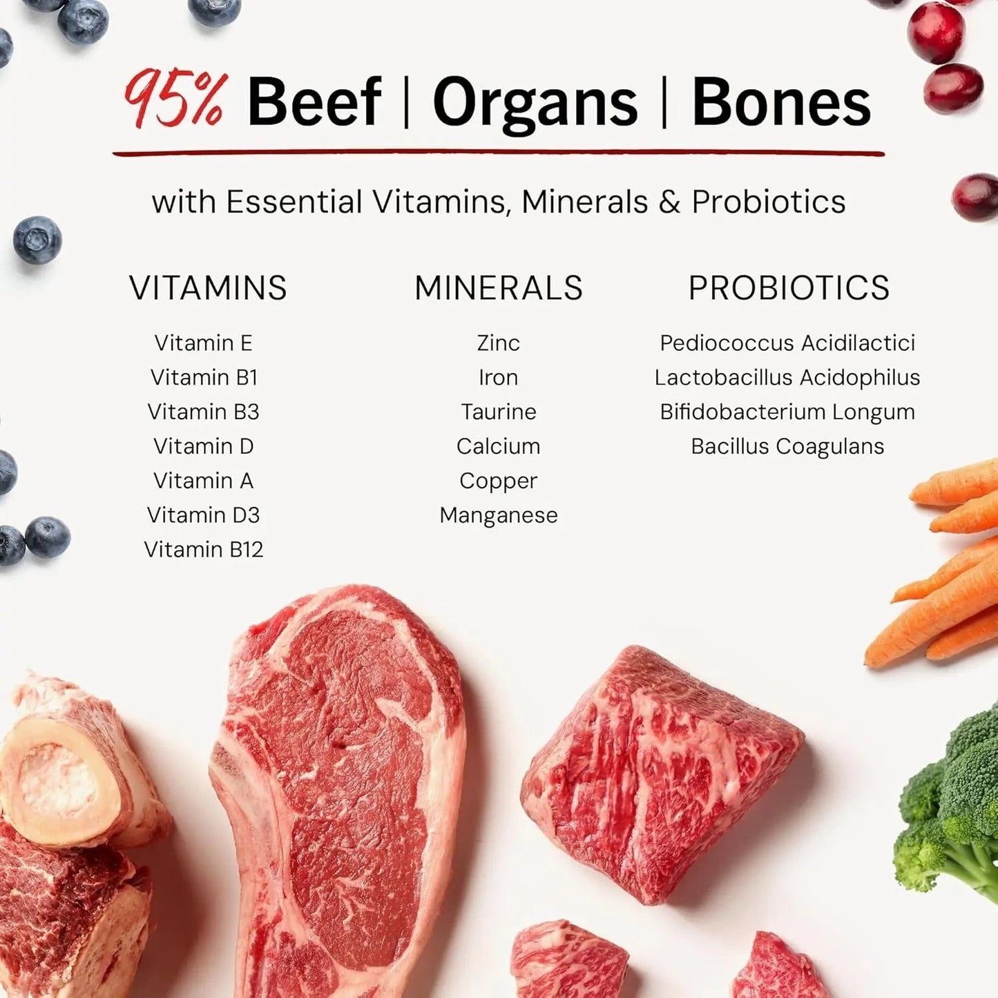 95% Beef Organs and Bones freeze dried raw dog food beef with essential vitamins and minerals.