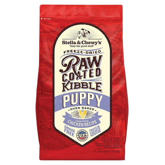 Stella & Chewy's raw coated puppy food in a red bag featuring a chicken recipe, grain-free and oven baked.