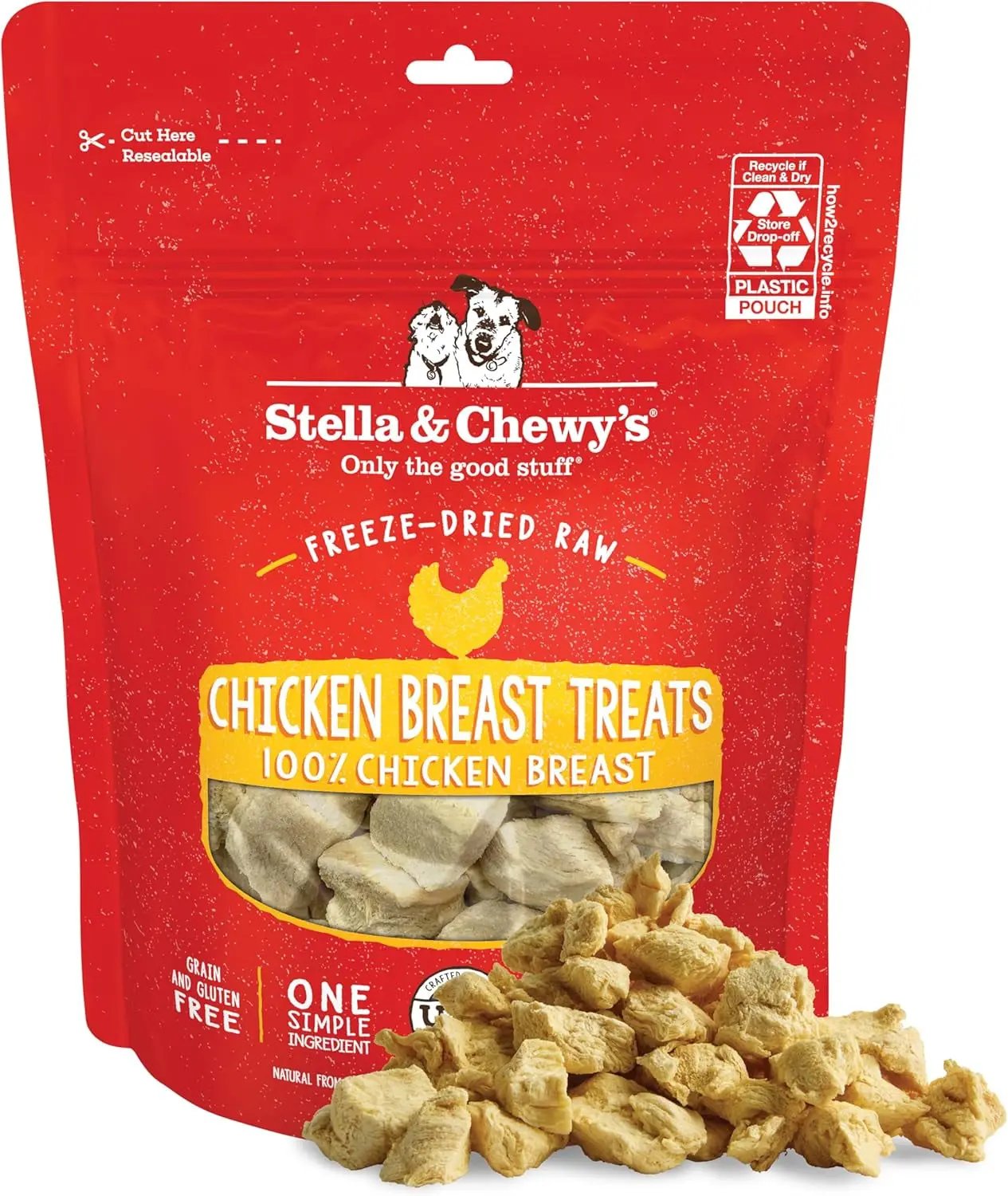 Stella & Chewy's no additive dog treats 2.75oz in a resealable pouch with chicken breast pieces