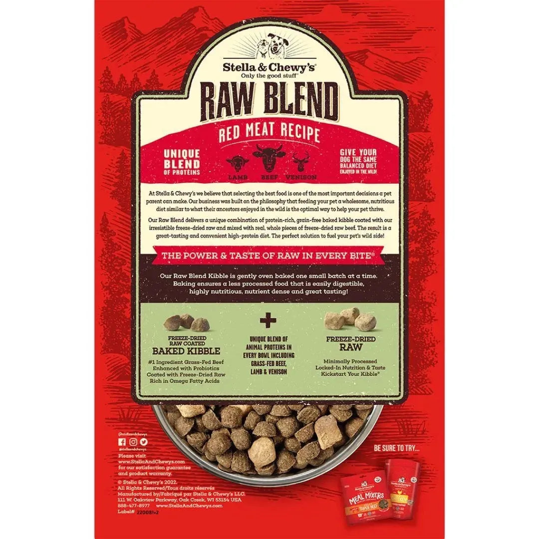 Stella & Chewy’s Raw Blend Red Meat Recipe Dog Food by The Family Pet, available in 3.5lb and 22.0lb sizes, featuring a ri...