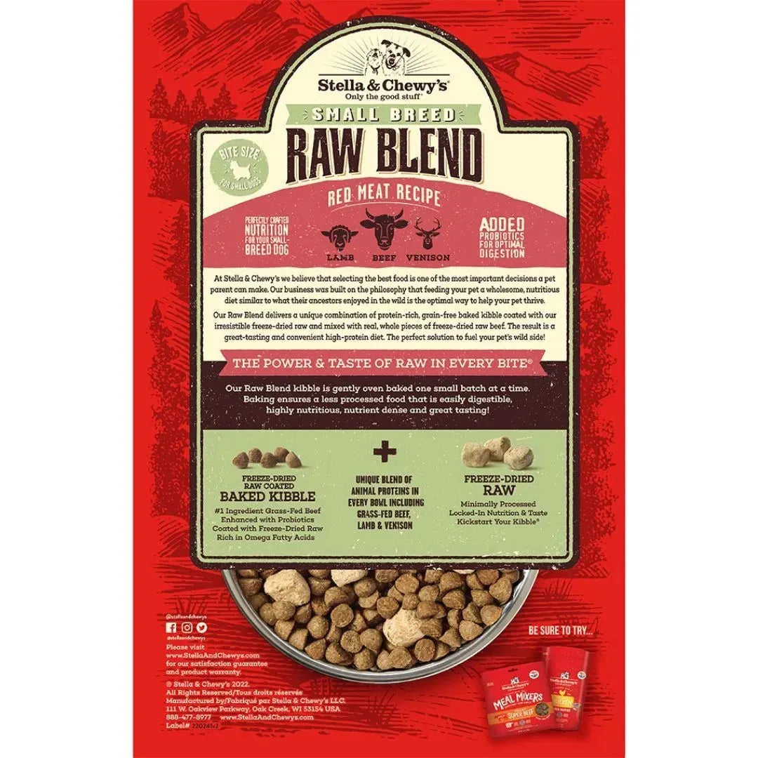 Stella & Chewy’s Raw Blend Small Breed Red Meat Recipe Dog Food by The Family Pet, 3.5lb bag, featuring a vibrant red design.