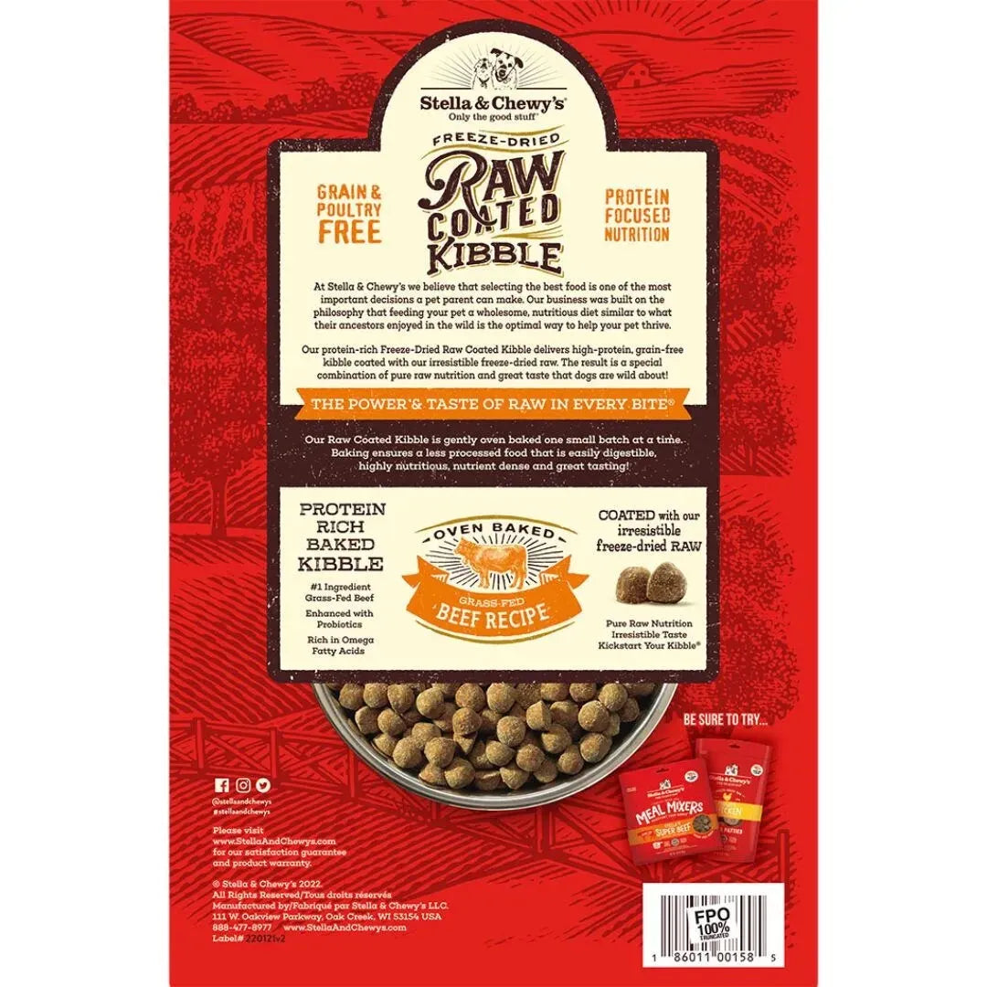 Stella & Chewy’s Raw Coated Beef Dog Food by The Family Pet, 3.5lb bag, featuring a vibrant design, perfect for dogs.