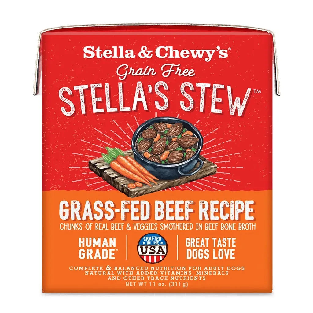 Stella & Chewy's Stew Grass-fed Beef Dog Food by The Family Pet, 11oz package, showcasing a rich beef stew for dogs.