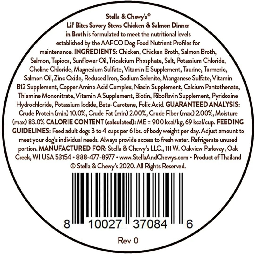 Stella & Chewy's high protein chicken salmon dog dinner packaging with ingredient details and feeding instructions