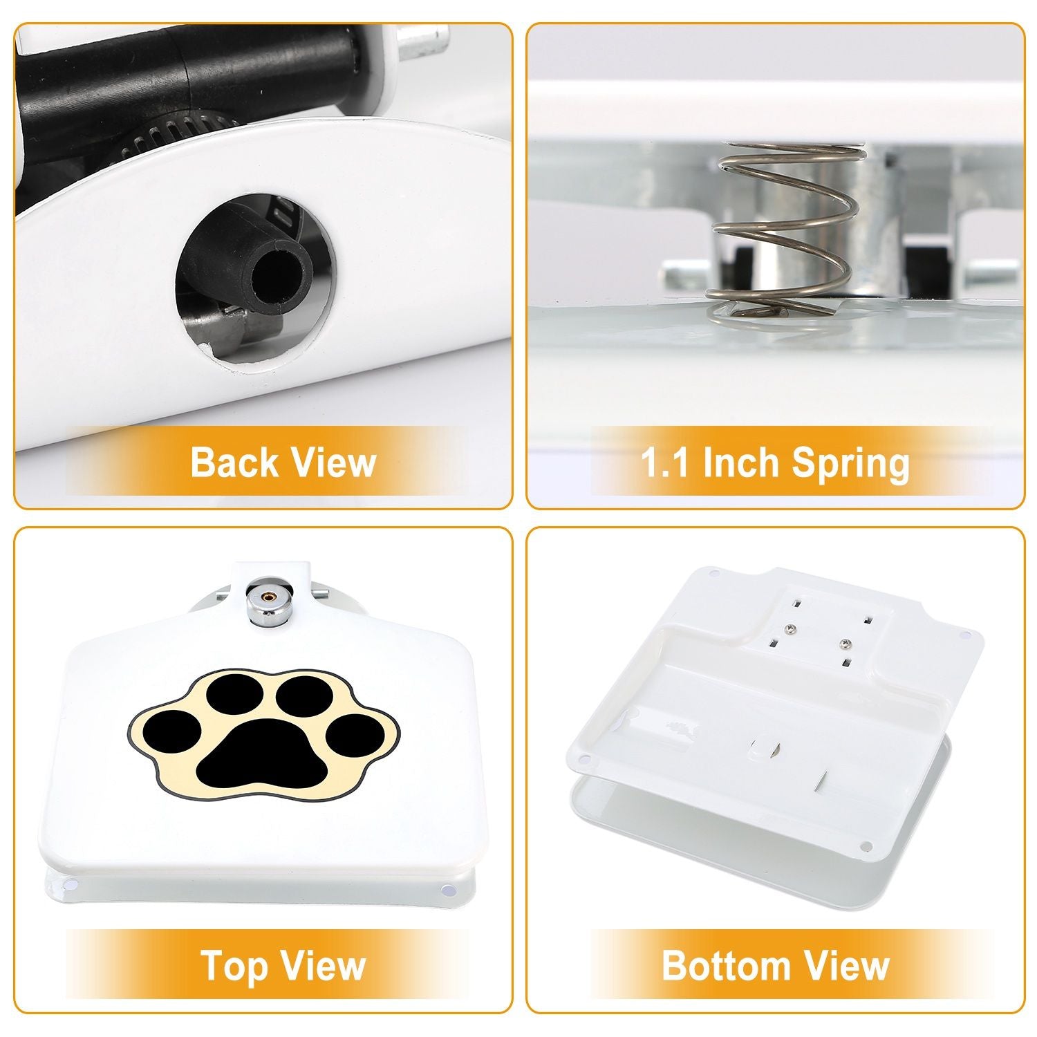Back and top view of the step-on dog water dispenser with 1.1 inch spring feature.