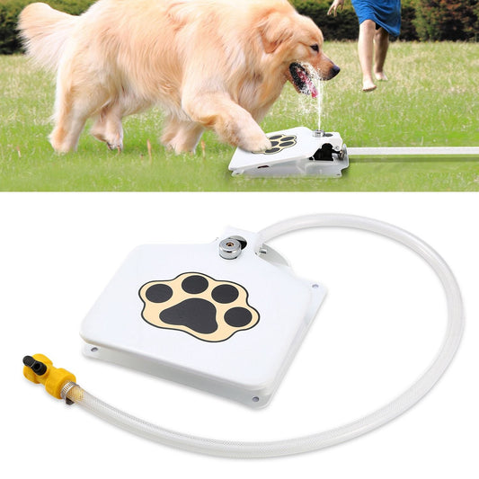 Mercantile Mountain step-on dog water dispenser with a hose for easy access to fresh water outdoors