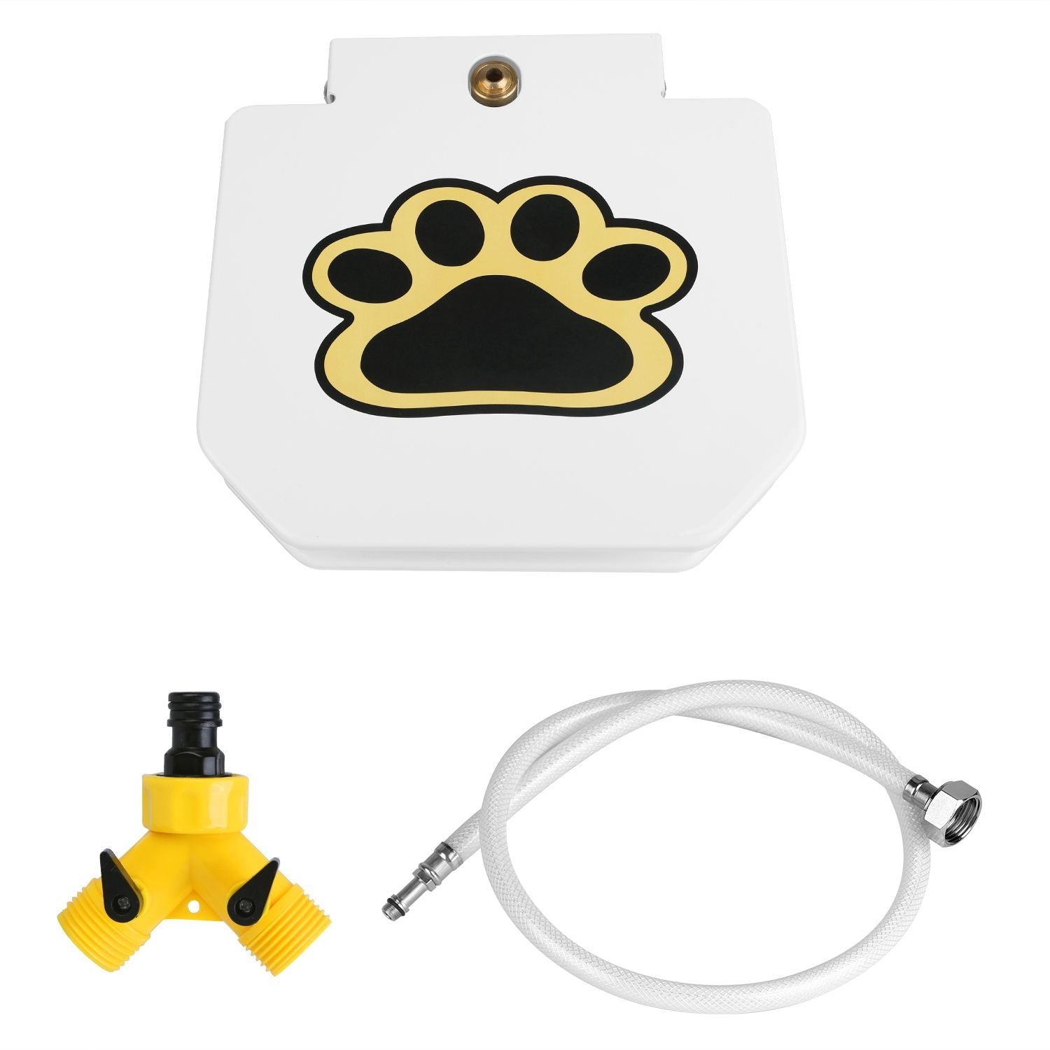 Mercantile Mountain step-on dog water dispenser with a paw print design and hose connection features