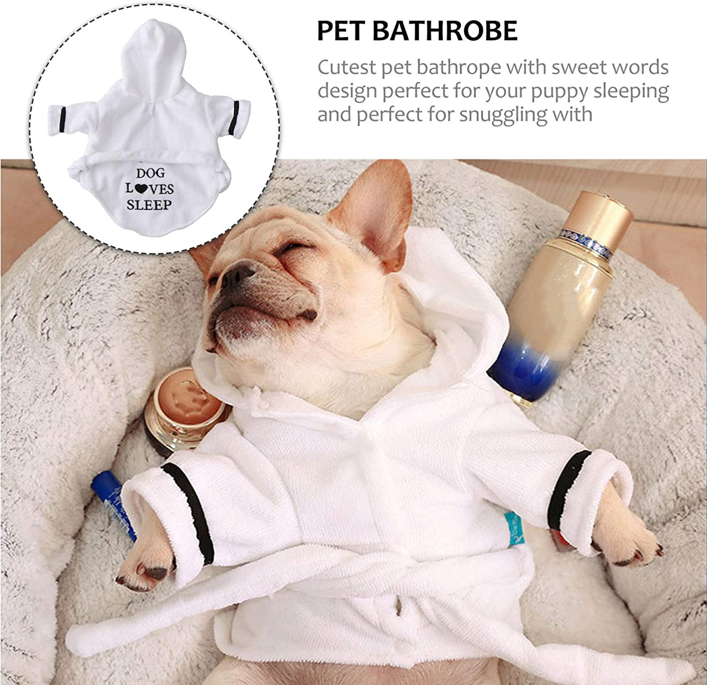 Soft white dog hooded bathrobe on a sleeping puppy, perfect for snuggling after baths