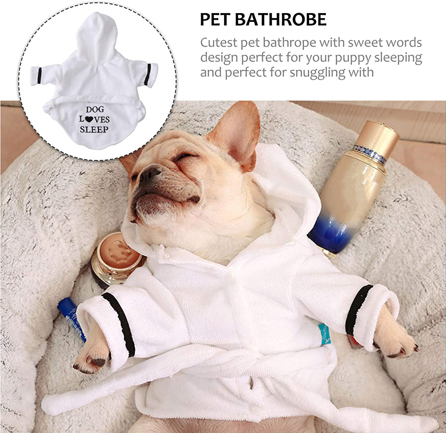 Soft white dog hooded bathrobe on a sleeping puppy, perfect for snuggling after baths