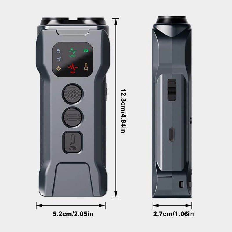 Purrfect Pet Kingdom stop dog barking tool training aid showing front and side views with size dimensions