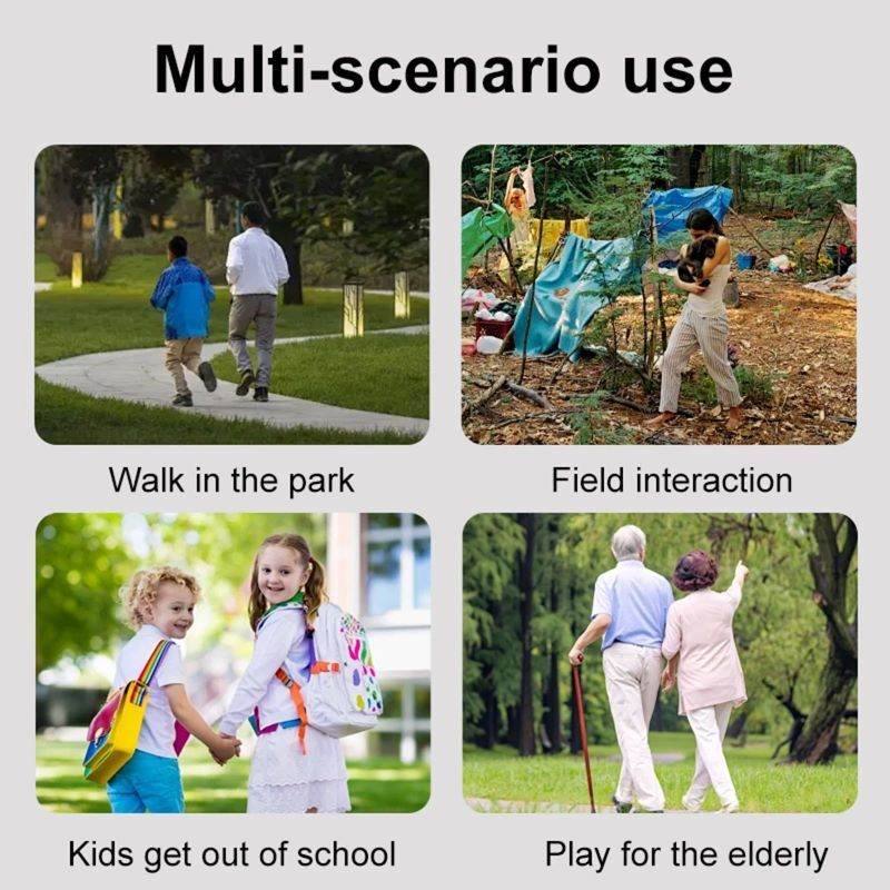 Multi-scenario use of stop dog barking tool by Purrfect Pet Kingdom for walks, field play, school pick-up, and elderly care