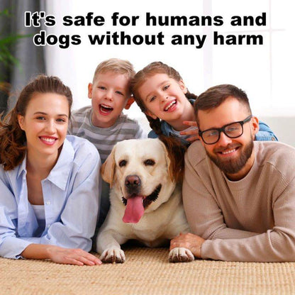 Happy family with dog demonstrating safe stop dog barking tool by Purrfect Pet Kingdom