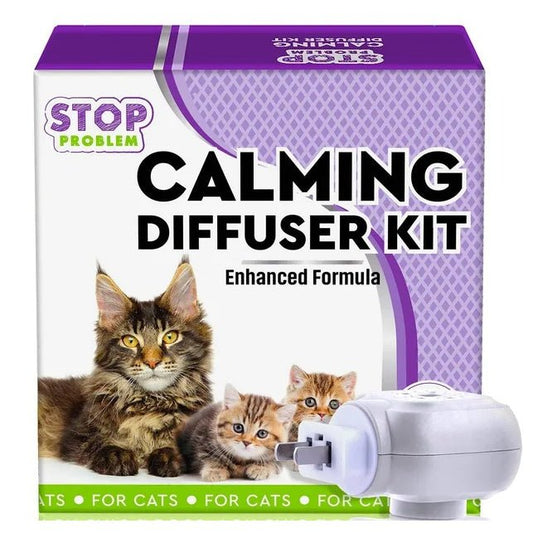Purrfect Pet Kingdom cat anxiety diffuser kit with calming formula and images of cats on the packaging