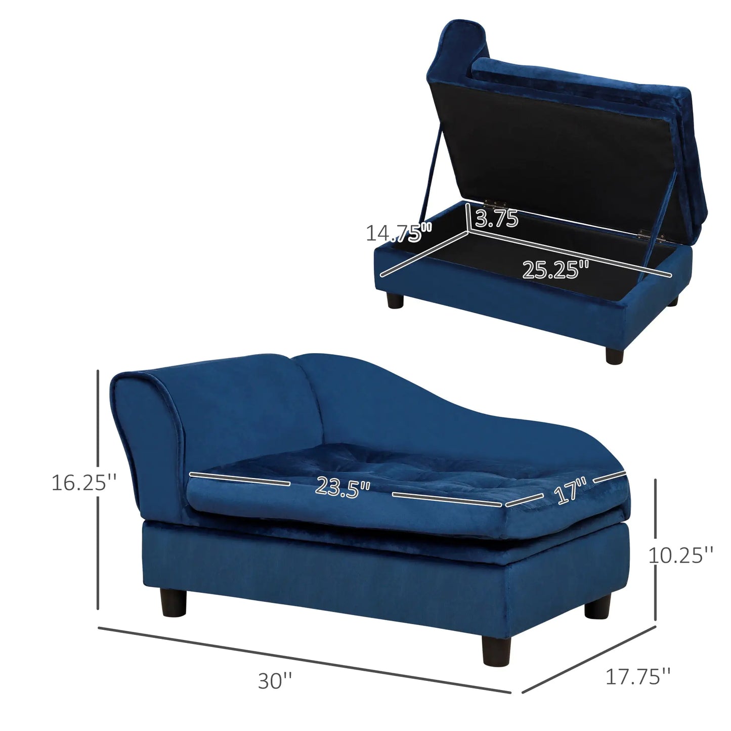 Storage dog bed for small breeds with a plush design and hidden storage compartment in blue